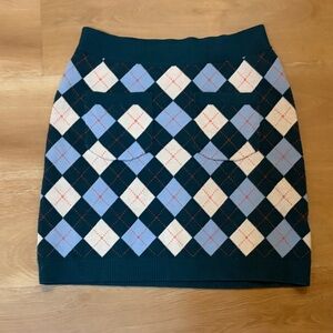 Free People Green Argyle Knit Mini Skirt with Light Blue and Cream Diamonds
